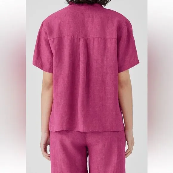 Eileen Fisher NWT Washed Organic Linen Délavé Band Collar Shirt in Geranium 3X